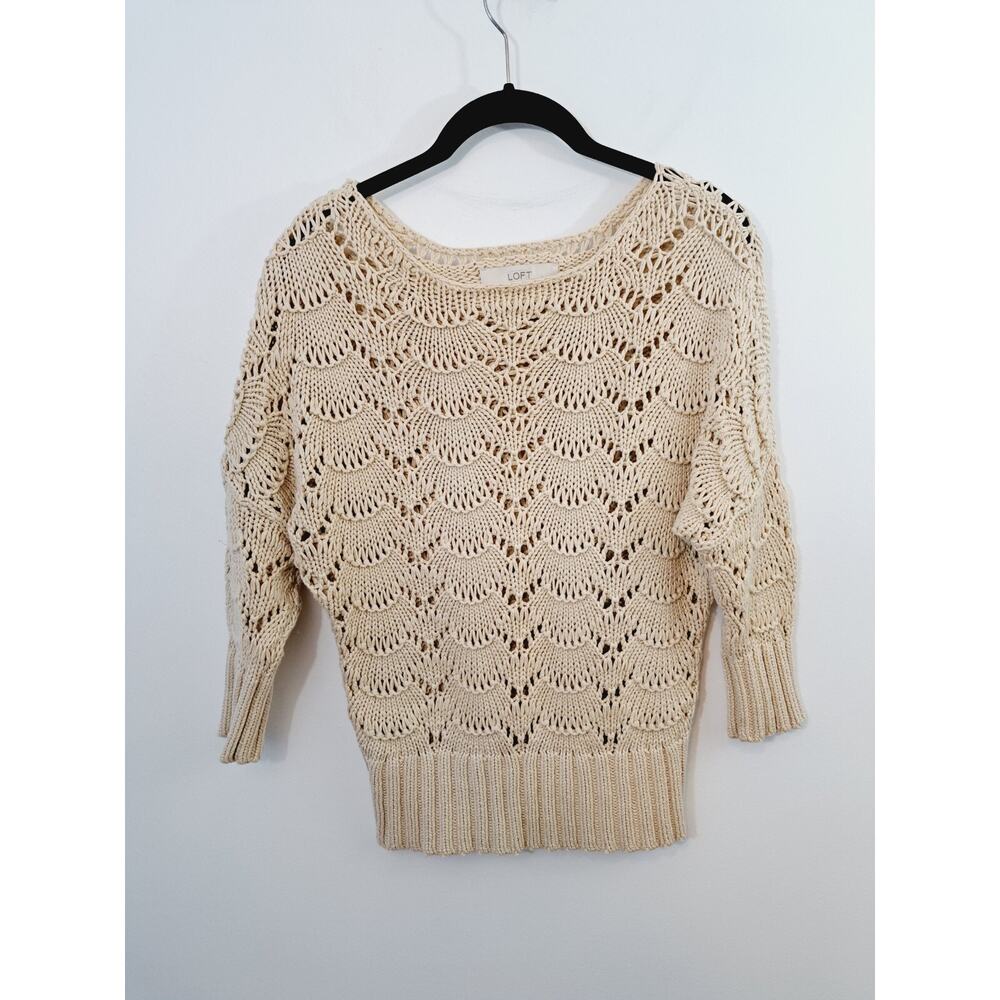 Loft Women's Cream Open Knit 1/2 Sleeve Sweater In Size XS Beachy